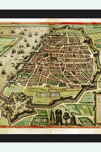 Braun and Hogenberg Old Map of Antwerpen, Belgium Illustration Gravure 1572
