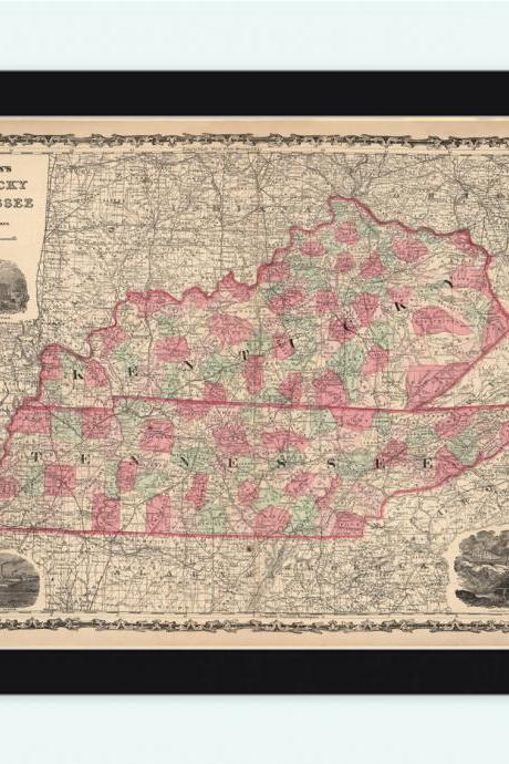 Vintage Map Of Tennesee And Kentucky 1864, United States Of America