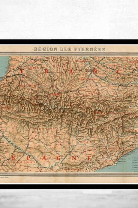 Old Map Of Pyrenees Pirineus 1920 France Spain