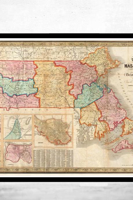 Old Map of Massachusetts 1839, Boston, Salem, Worcester,Lowell, Springfield