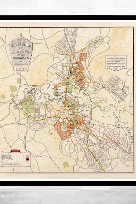 Vintage Map of Canberra City , Australia Oceania 1927