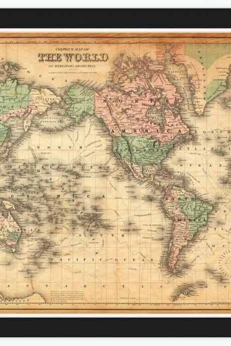 Vintage Map of The World 1876 Mercator projection