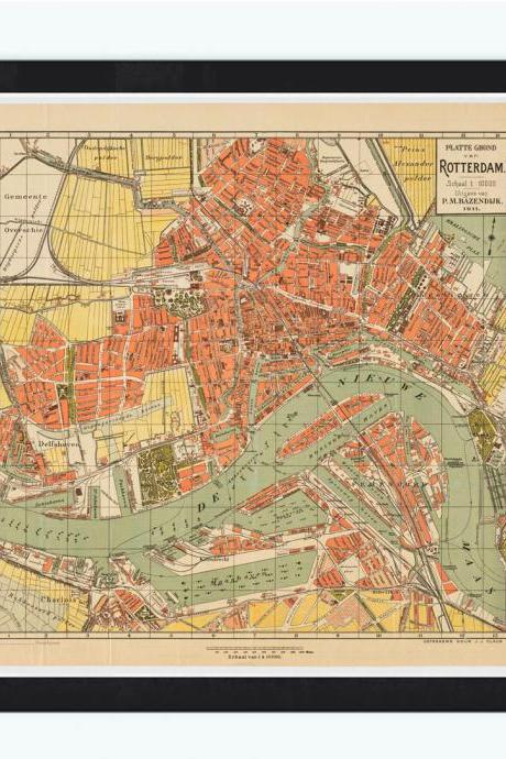 Old Map of Rotterdam, Netherlands 1911 Antique Vintage Map