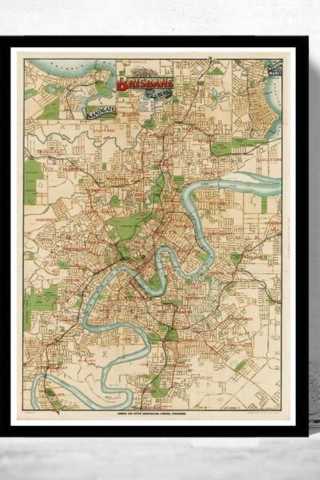 Vintage Map Of Brisbane City , Australia Oceania 1920