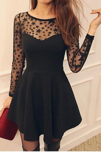 Cute Black Star Pattern Long Sleeve Dress skirt