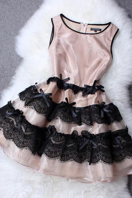 Stitching Bow Lace Sleeveless Dress