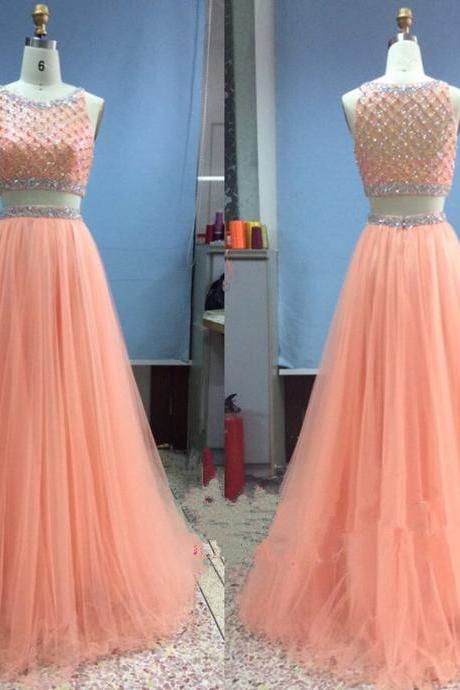 Pretty Tulle Long Beadings Two Pieces Light Coral Prom Gowns, Prom Dresses 2016, Evening Gowns, Evening Dresses, Formal Dresses