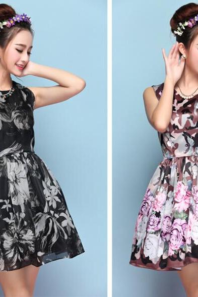 Chic Elegant Summer European Women Princess Sleeveless Floral Organza Silk Printed Dress