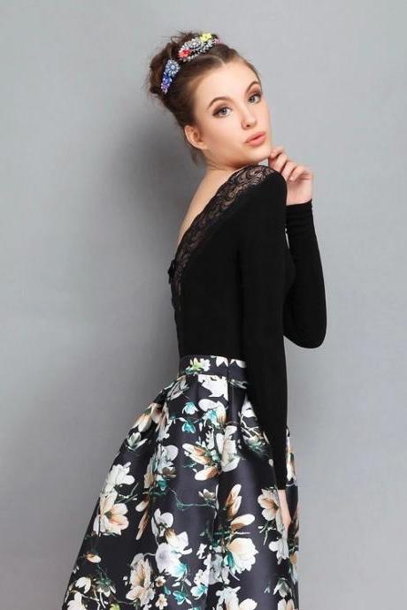 casual Women blouse Plus size shirt lace Spring fashion Slim Women tops long-sleeved blouses black floral shirt d695