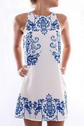 Free shipping Fashion Porcelain Print White Chiffon Straight Dress - Blue
