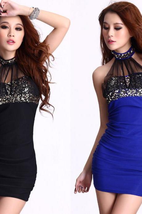 Miss Ktv Nightclub Tight Package Hip Sexy Strapless Sequined Mesh Dress Stitching Costumes