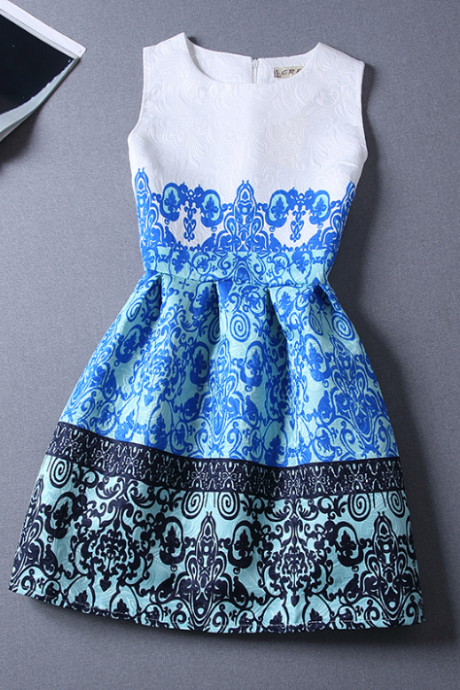 Vintage Jacquard Printed Sleeveless Dress Fg61301jh