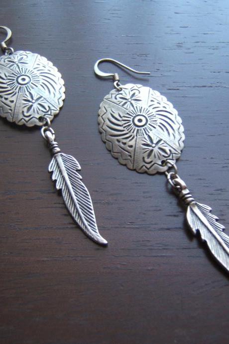 Southwestern Tribal Concho Earrings, Feather Earrings, Tribal Earrings, #80124-1