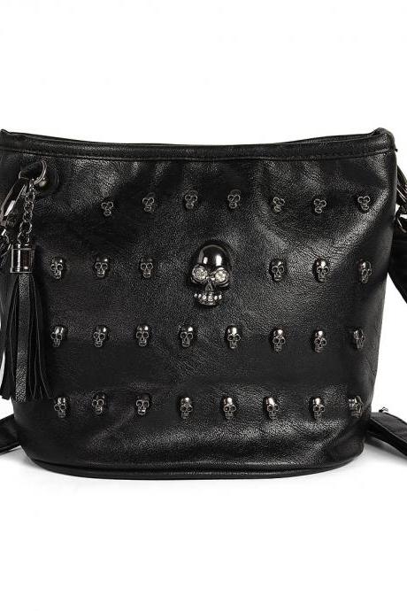 Skull Studs Cool Punk Leather Goth Tassels Messenger Shoulder Tote Handbag Bag