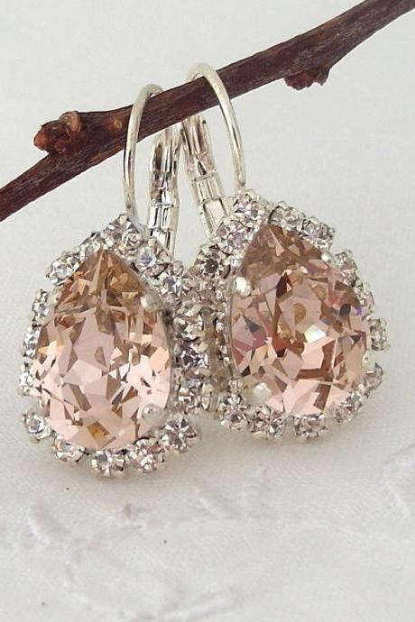 Blush Pink crystal teardrop earring, Drop earring, Swarovski Rhinestone Halo Earring, Bridal earring, Bridesmaid gift, Dangle earring Silver