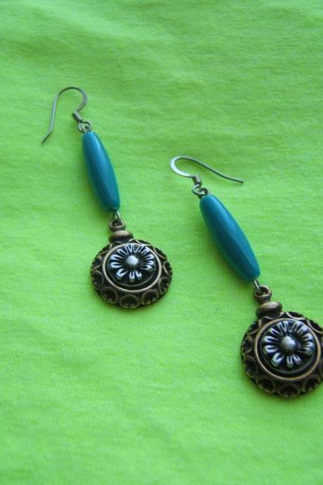 Summer Flower Floral Earrings, Two Tone, Turquoise Bead, #80122-1