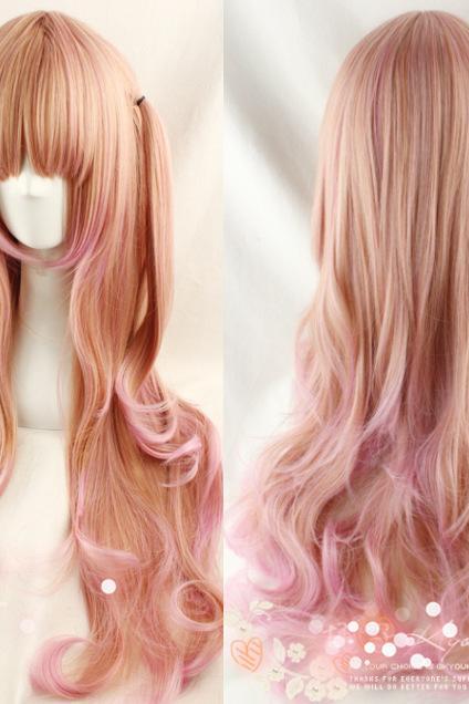 Light Golden Pink Color Mixing Curls Harajuku Lolita Girl Women Wig 70cm Long