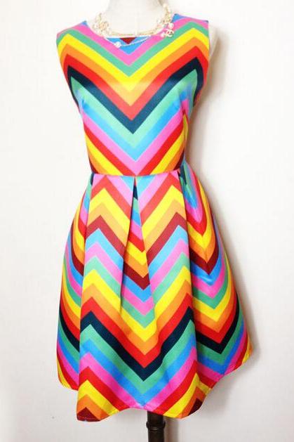 Women's Colorful Sleeveless Vest Rainbow Stripes Slim Tutu Temperament Dress