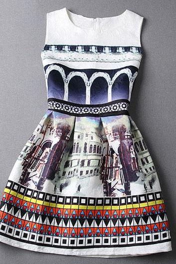 Fashion New Sleeveless Zipper Closure Printed Flared Skater Dress