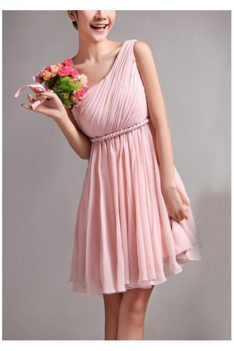 Custom Made Pink One Shoulder Neckline Chiffon Knee Length Bridesmaid Dress, Homecoming Dress 