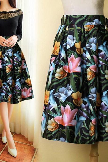 Best Sale New New Fashion Lady Women High Waist Print A-Line Pleated Midi Swing Skirt