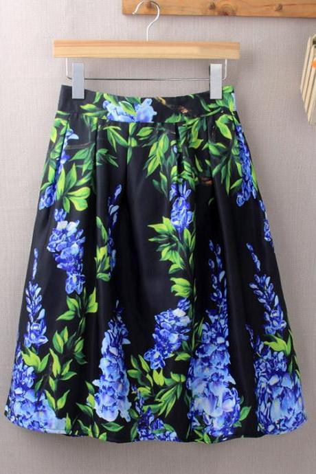Fashion European Style Women Elastic Waist Big Flower Printed Loose Puff Midi Skirt