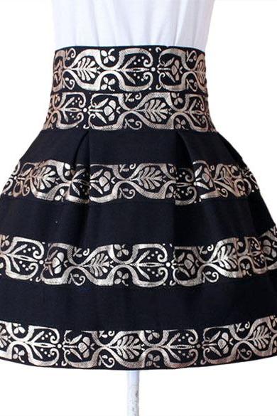Fashion Women's High Waist Black Stripe Zipper Flower Printed Mini Pleated Skirt