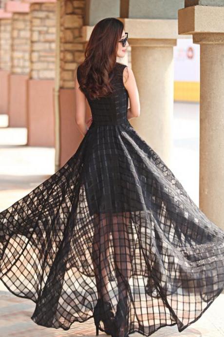 Satin Sleeveless Chiffon Maxi Long Floor Length Plus Size Striped Print Slim Elegant Casual Dress