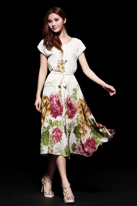 Plus size women Fashion Summer Short chiffon long sleeve floral print bohemian Patchy Tropical white dress