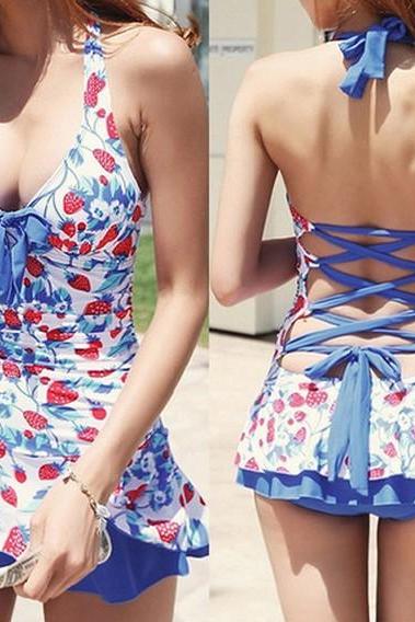 Women Strawberry Swim Dress Bandage Bikini Set Halter Lace Cross Back Swimsuit