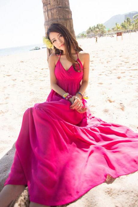 Summer Cotton Sleeveless Long Sundress V Neck Casual Elegant Beach Dress