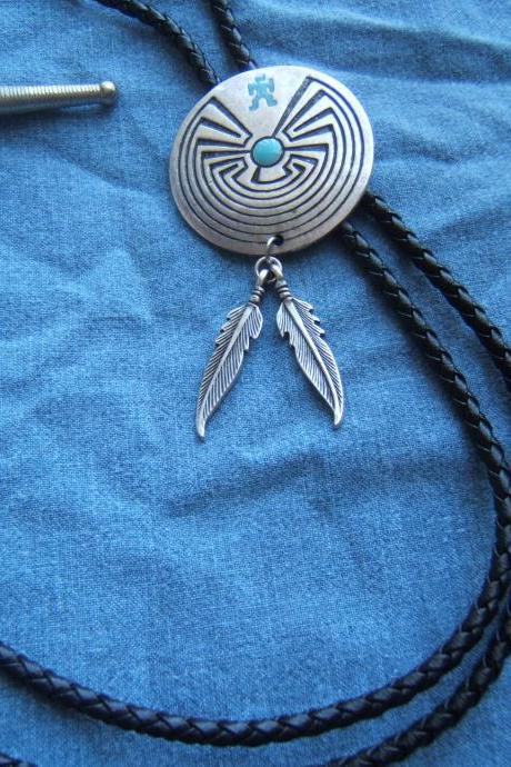 Man In Maze Bolo Tie With Feathers, Silver Bolo Tie, #80057-2