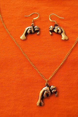 Sea Lion Necklace And Earring Set, Gold Plated, Sea Life Jewelry, #80098-1