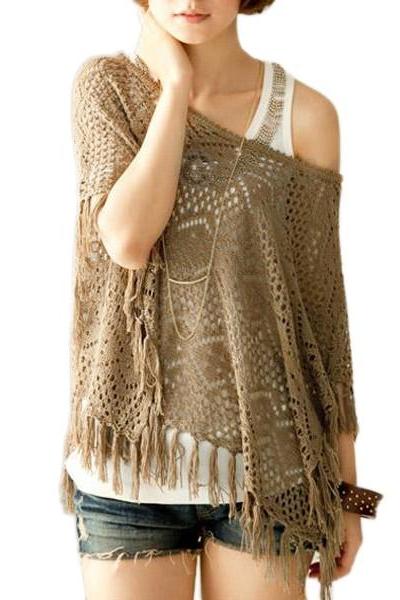 New Fashion Korea Style Women'S Sweater A Word Is Gotten Hollow Out Tassel Tassel Sweater Top