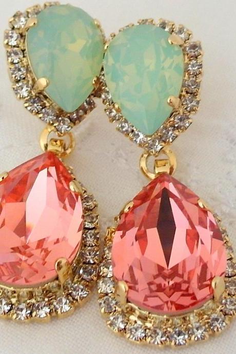 Peach coral mint Chandelier earrings, Bridal earrings, Drop earrings, Dangle earrings, Weddings jewelry, Estate style Swarovski earrings
