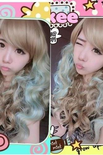 Aqua Fantasy long fluffy hair streaked Harajuku Style Oblique Bangs Wig