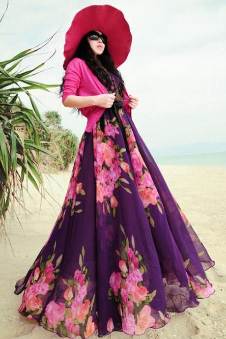 Beautiful Floral Flora Sleeveless Chiffon Skirt Resort Beach V-neck Long Dress