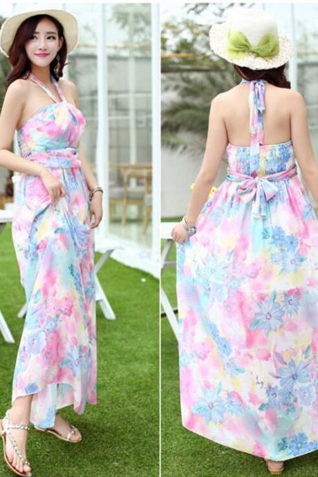 Sweet Chiffon Colorful Floral Wearing Bohemian Blossoming Printed Halter Dress