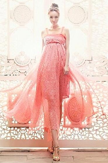 Silk Chiffon Bohemia Maxi Dress Pink Beach Spaghetti Strap Long Dress