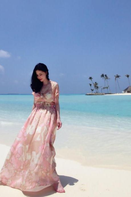 Nice Pink Floral print Summer Seaside Resort beach bohemian dress