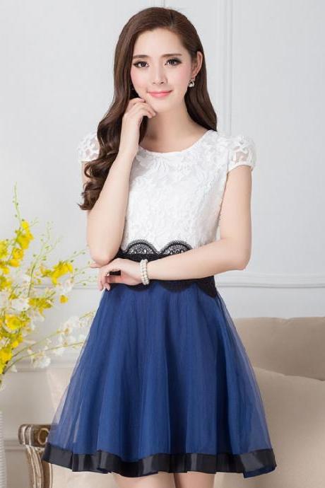 Summer White Lace Chiffon Bohemian Printed Blue Skirt Slim Dress