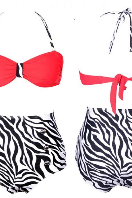 Zebra-strip Push Up High Waist Bikini