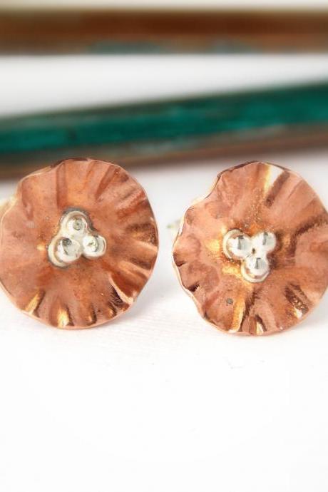 Flower Earrings: sterling silver, copper flower, dainty earrings, blossom earrings, dainty studs, flower studs, flower posts, small earring