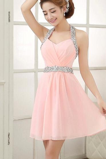 Pretty Pink Knee Length Halter Homecoming Dress With Sequins, Pink Homecoming Dresses, Graduation Dresses