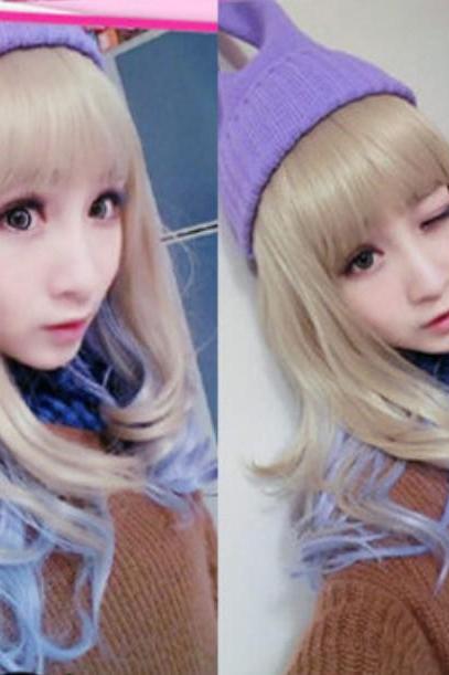 Harajuku gradient color Female Long Hair Fluffy Oblique Bang graded frowsty Wigs