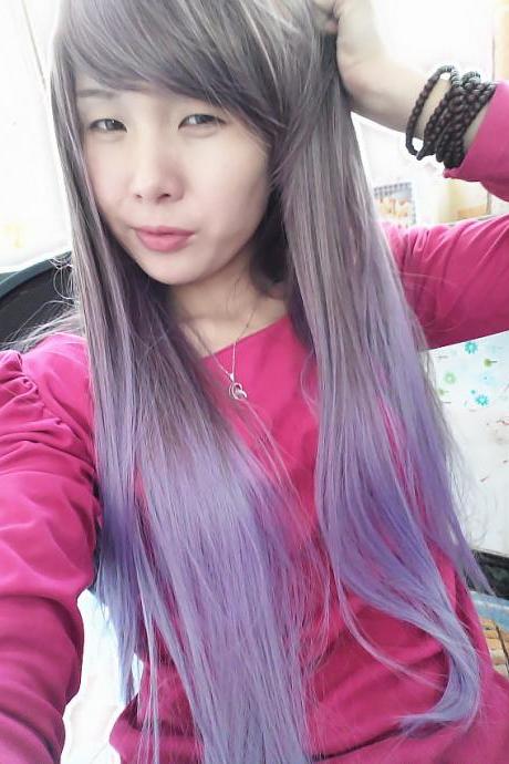 Harajuku stunning exclusive gradient purple wigs COS Prom night Party Long straight hair wig