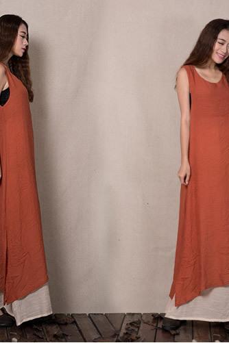 Summer 2015 Women New False Two-pieces Dress Cotton Linen Sleeveless Long Dress Vest Retro Designer Vintage Sundress Ankle