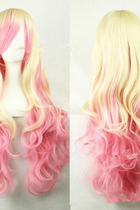 Hot Gold Pink Gradual Color Change Cosplay Cos Cartoon Wig Wigs