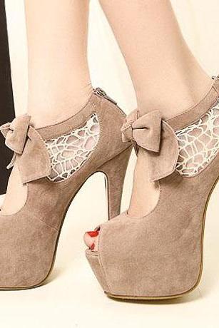 Comfortable Peep Top Apricot Suede Stiletto Bow Sandals