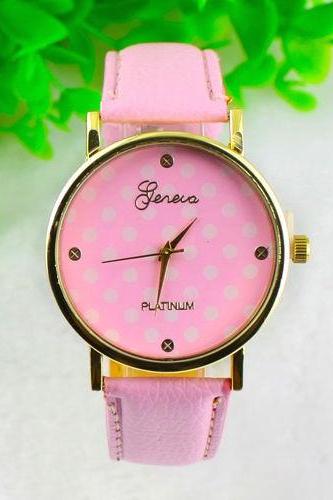 2016 Pink Polka Dot Leather Bracelet Vintage Retro Woman Unisex Watch